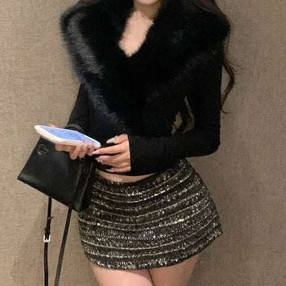 Fur Collar Long Sleeve Tee - Women's Slim Fit Winter Top With Cross Fur Design - ZOOMNSTORE