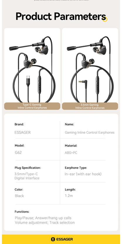 Gaming Wired Headphones - In-Ear Earbuds with Volume Control Mic & USB Type C - ZOOMNSTORE