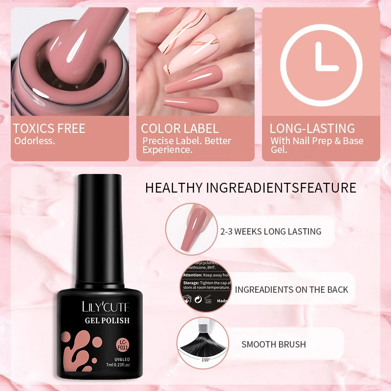 Bright Pink Gel Nail Polish Set - 6Pcs 7ML Semi-Permanent Soak Off UVLED Varnish Kit - ZOOMNSTORE