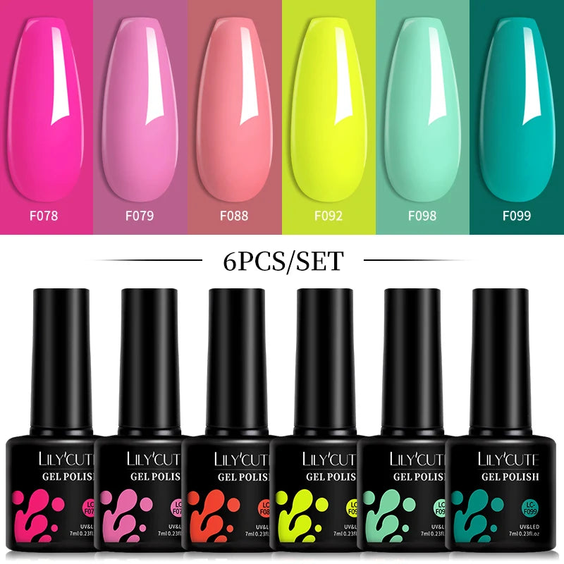 Bright Pink Gel Nail Polish Set - 6Pcs 7ML Semi-Permanent Soak Off UVLED Varnish Kit - ZOOMNSTORE