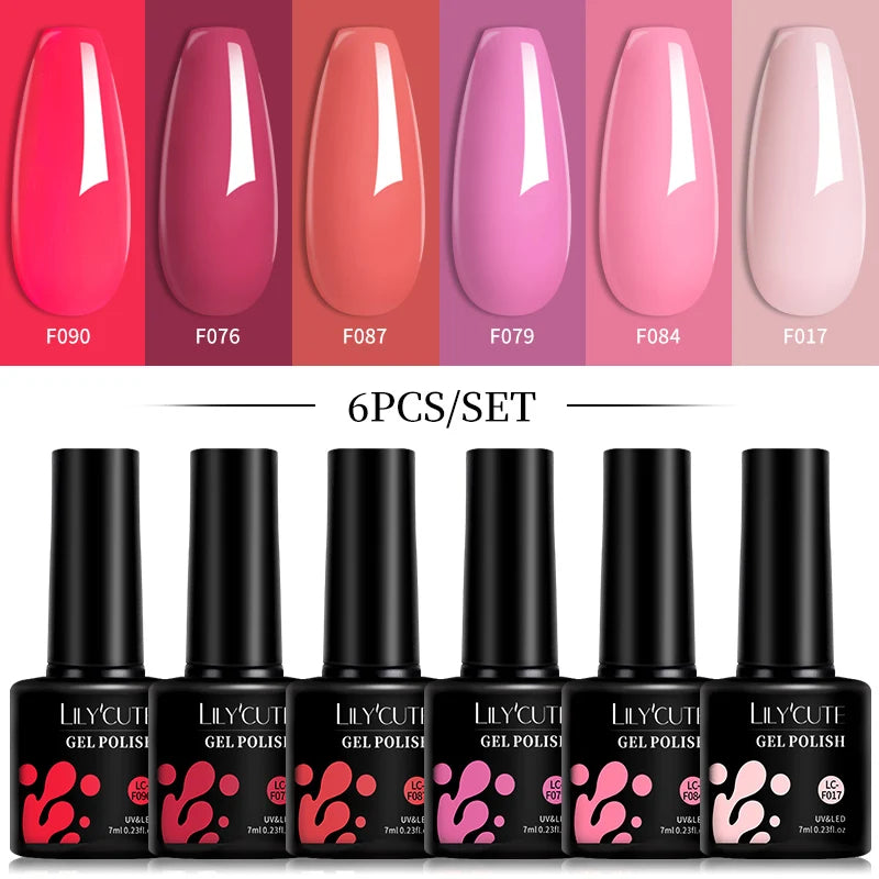 Bright Pink Gel Nail Polish Set - 6Pcs 7ML Semi-Permanent Soak Off UVLED Varnish Kit - ZOOMNSTORE