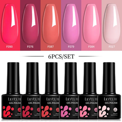 Bright Pink Gel Nail Polish Set - 6Pcs 7ML Semi-Permanent Soak Off UVLED Varnish Kit - ZOOMNSTORE