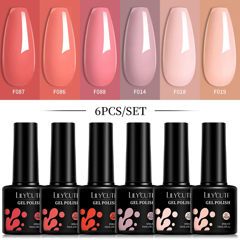 Bright Pink Gel Nail Polish Set - 6Pcs 7ML Semi-Permanent Soak Off UVLED Varnish Kit - ZOOMNSTORE