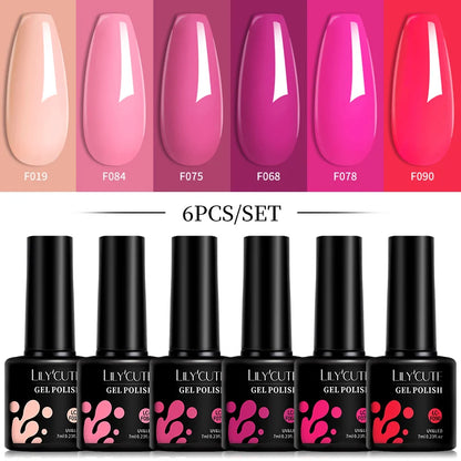 Bright Pink Gel Nail Polish Set - 6Pcs 7ML Semi-Permanent Soak Off UVLED Varnish Kit - ZOOMNSTORE