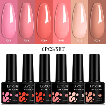 Bright Pink Gel Nail Polish Set - 6Pcs 7ML Semi-Permanent Soak Off UVLED Varnish Kit - ZOOMNSTORE