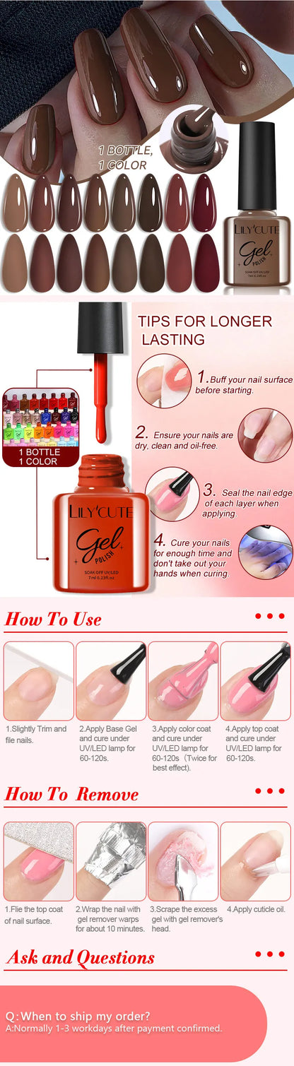 Gel Nail Polish Kit - LILYCUTE 6Pcs Coffee Color UV Gel Varnish Set - ZOOMNSTORE
