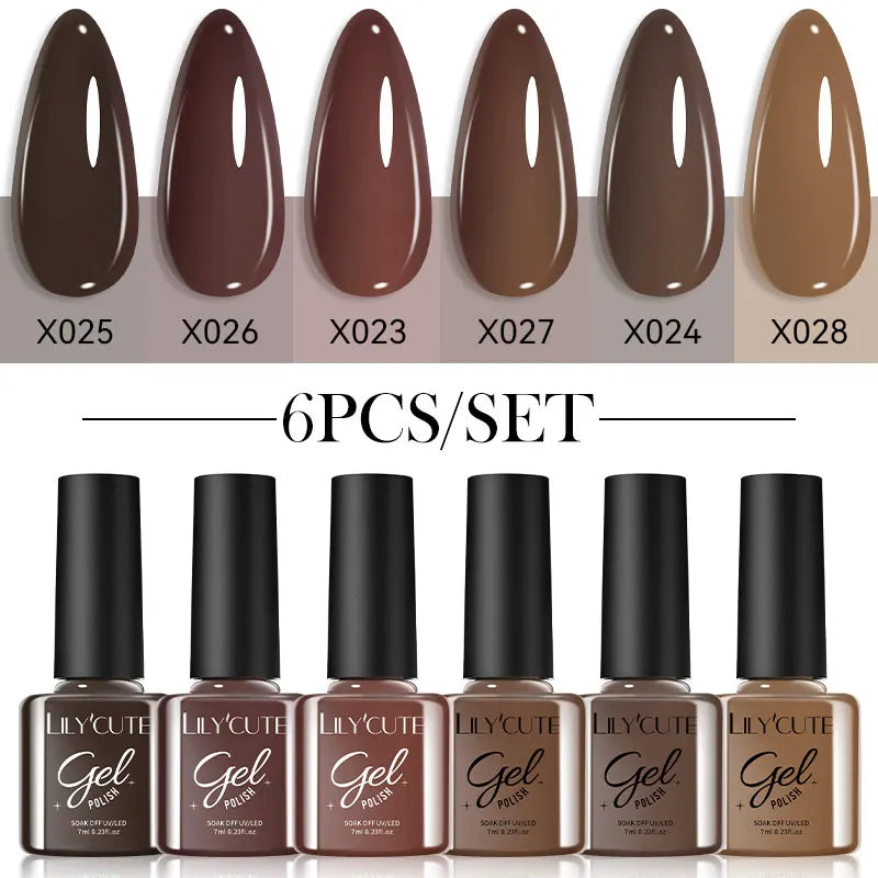 Gel Nail Polish Kit - LILYCUTE 6Pcs Coffee Color UV Gel Varnish Set - ZOOMNSTORE