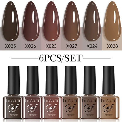 Gel Nail Polish Kit - LILYCUTE 6Pcs Coffee Color UV Gel Varnish Set - ZOOMNSTORE