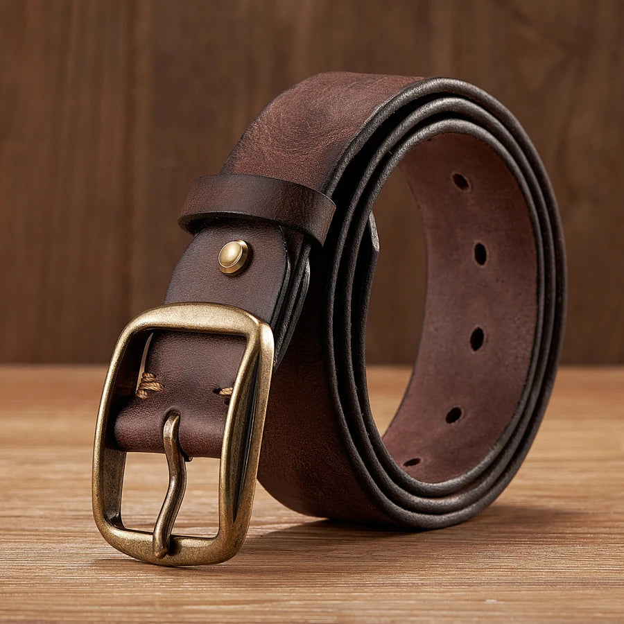 Genuine Leather Belt - Thick Cowhide Copper Pin Buckle Casual Mens Strap - ZOOMNSTORE