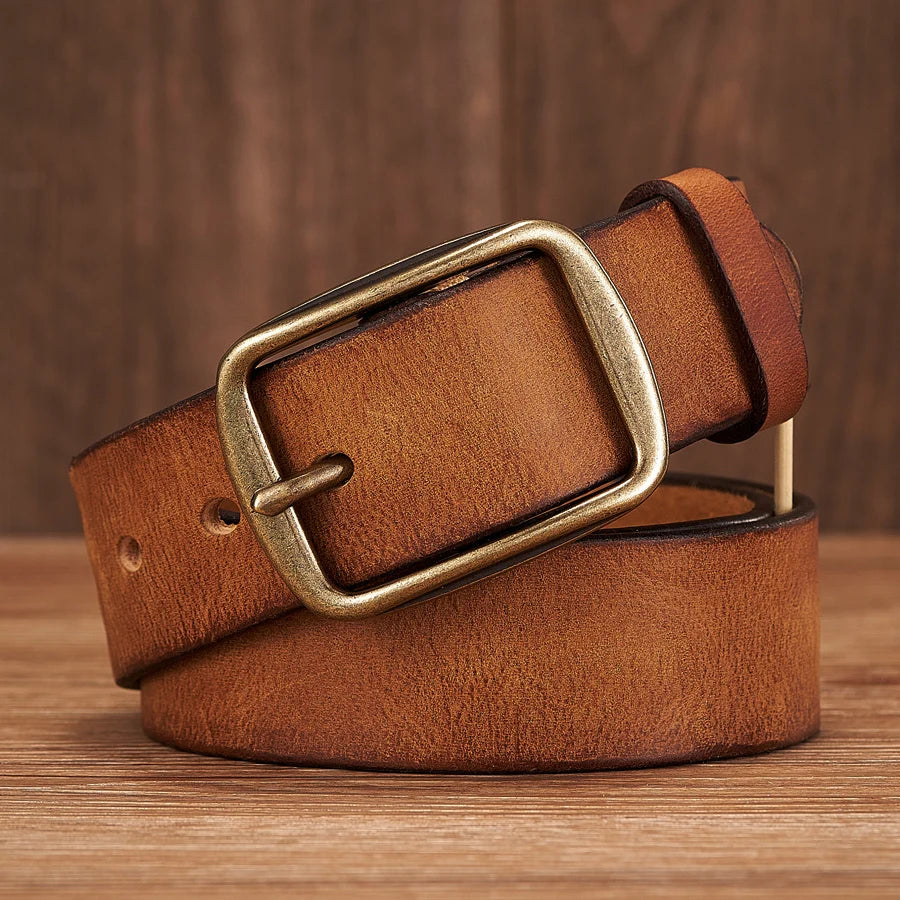 Genuine Leather Belt - Thick Cowhide Copper Pin Buckle Casual Mens Strap - ZOOMNSTORE