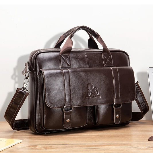 Genuine Leather Mens Briefcase - Large Capacity Computer Bag with Double Front Pockets - ZOOMNSTORE