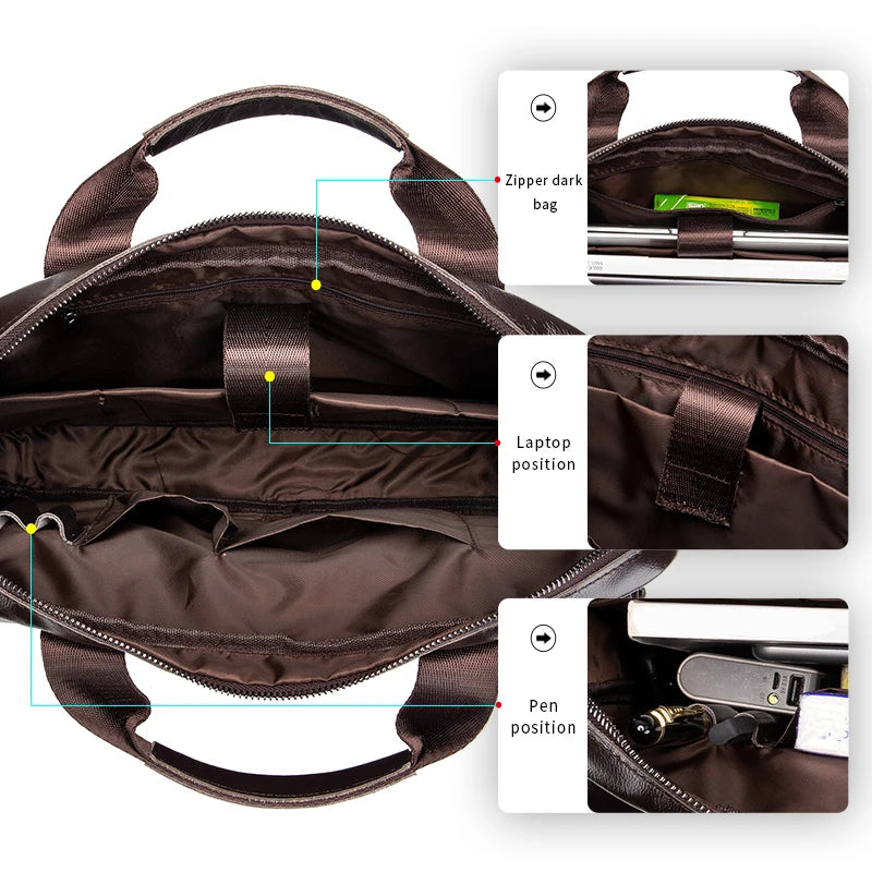 Genuine Leather Mens Briefcase - Large Capacity Computer Bag with Double Front Pockets - ZOOMNSTORE