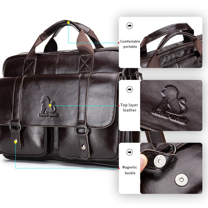 Genuine Leather Mens Briefcase - Large Capacity Computer Bag with Double Front Pockets - ZOOMNSTORE