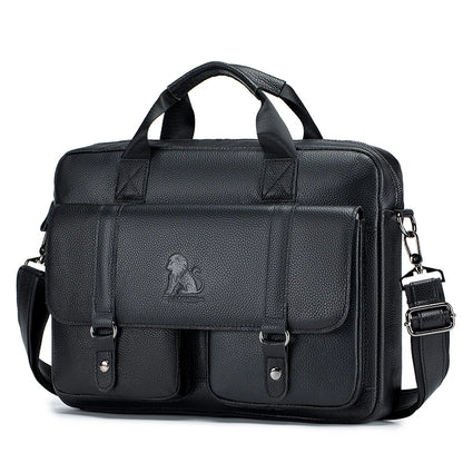 Genuine Leather Mens Briefcase - Large Capacity Computer Bag with Double Front Pockets - ZOOMNSTORE