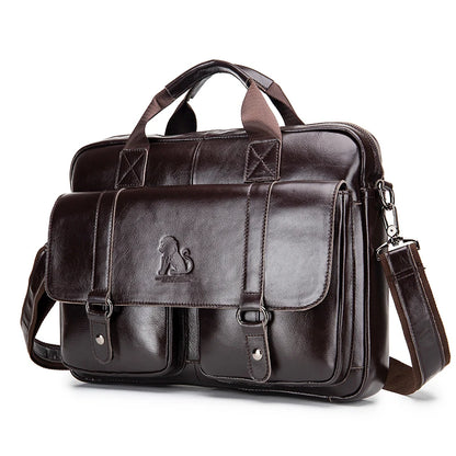 Genuine Leather Mens Briefcase - Large Capacity Computer Bag with Double Front Pockets - ZOOMNSTORE