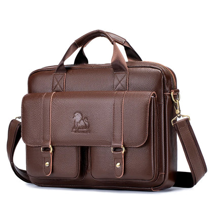 Genuine Leather Mens Briefcase - Large Capacity Computer Bag with Double Front Pockets - ZOOMNSTORE
