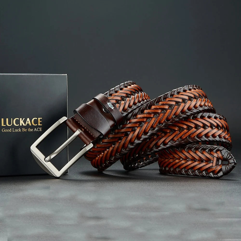 Genuine Leather Mens Casual Belt - Trendy Golf Knitted Belt with Alloy Buckle - ZOOMNSTORE