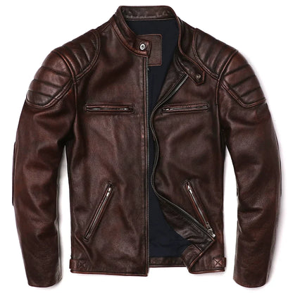 Genuine Leather Motorcycle Jacket - Vintage Brown Cowhide Biker Coat for Men - ZOOMNSTORE