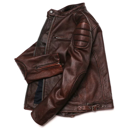 Genuine Leather Motorcycle Jacket - Vintage Brown Cowhide Biker Coat for Men - ZOOMNSTORE