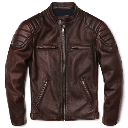 Genuine Leather Motorcycle Jacket - Vintage Brown Cowhide Biker Coat for Men - ZOOMNSTORE