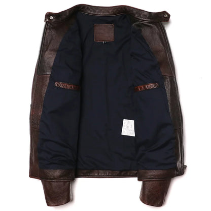 Genuine Leather Motorcycle Jacket - Vintage Brown Cowhide Biker Coat for Men - ZOOMNSTORE