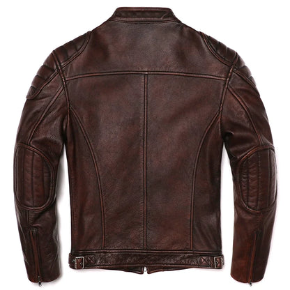 Genuine Leather Motorcycle Jacket - Vintage Brown Cowhide Biker Coat for Men - ZOOMNSTORE