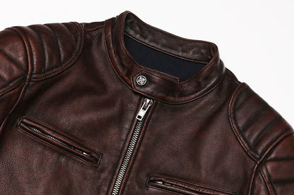 Genuine Leather Motorcycle Jacket - Vintage Brown Cowhide Biker Coat for Men - ZOOMNSTORE