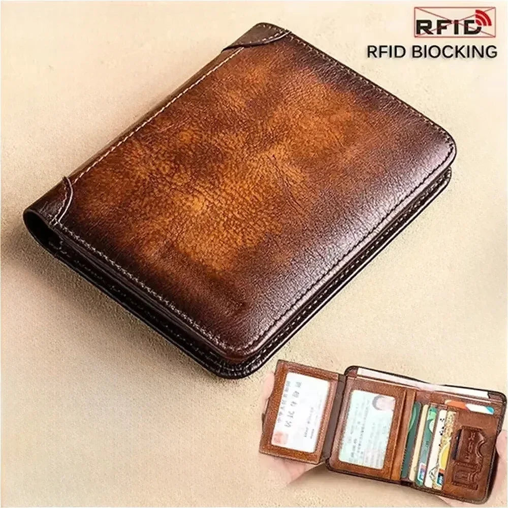 Genuine Leather RFID Blocking Trifold Wallet - Vintage Thin Multi-Function Mens ID  Credit Card Holder - ZOOMNSTORE