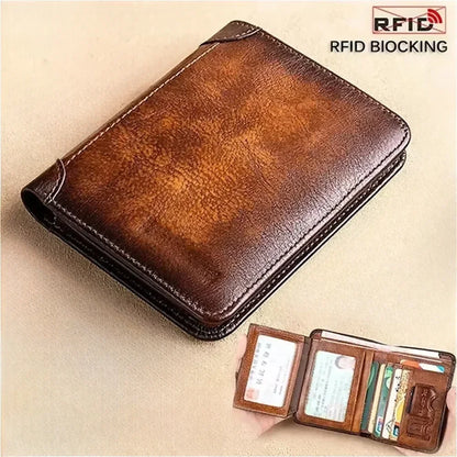 Genuine Leather RFID Blocking Trifold Wallet - Vintage Thin Multi-Function Mens ID  Credit Card Holder - ZOOMNSTORE