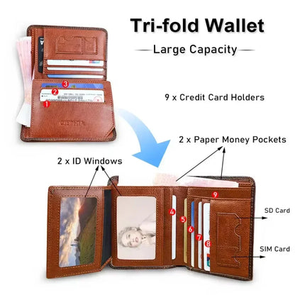 Genuine Leather RFID Blocking Trifold Wallet - Vintage Thin Multi-Function Mens ID  Credit Card Holder - ZOOMNSTORE