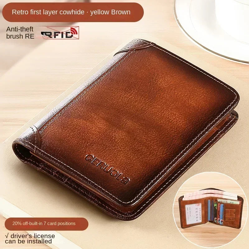 Genuine Leather RFID Blocking Trifold Wallet - Vintage Thin Multi-Function Mens ID  Credit Card Holder - ZOOMNSTORE