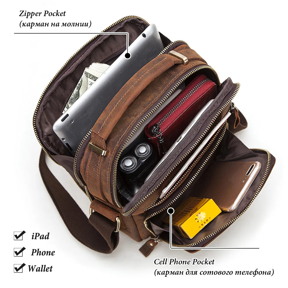 Genuine Leather Mens Vintage Shoulder Bag - Large Capacity Messenger Tote for Travel - ZOOMNSTORE