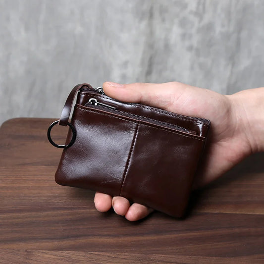 Genuine Leather Small Wallet - Handmade Cowhide Business Card Holder with Zipper - ZOOMNSTORE