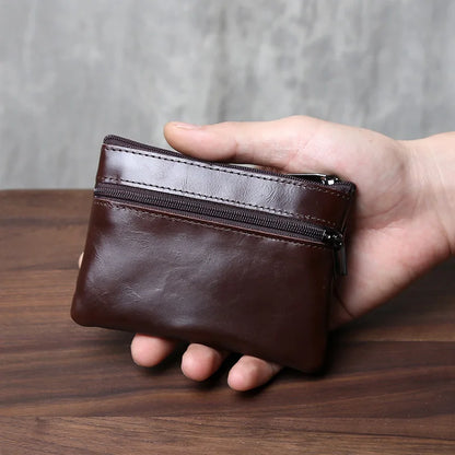 Genuine Leather Small Wallet - Handmade Cowhide Business Card Holder with Zipper - ZOOMNSTORE