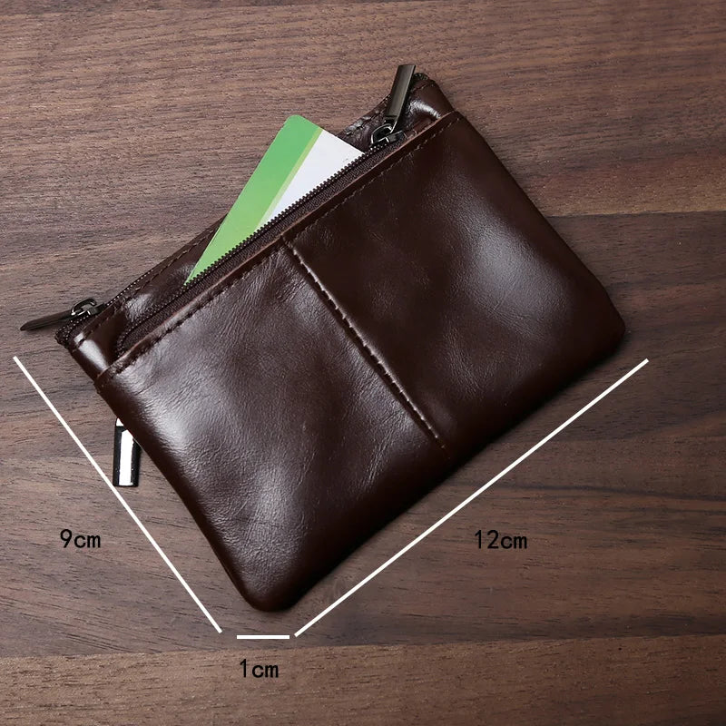 Genuine Leather Small Wallet - Handmade Cowhide Business Card Holder with Zipper - ZOOMNSTORE