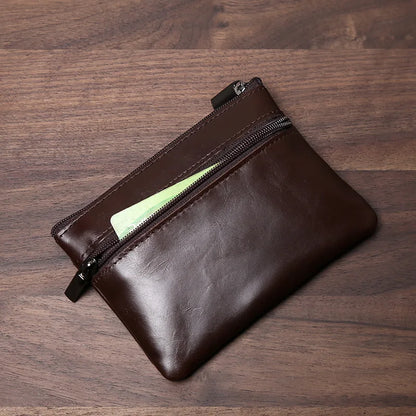 Genuine Leather Small Wallet - Handmade Cowhide Business Card Holder with Zipper - ZOOMNSTORE