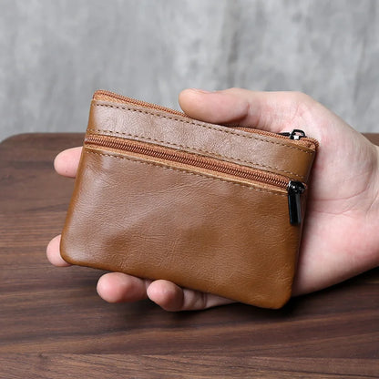 Genuine Leather Small Wallet - Handmade Cowhide Business Card Holder with Zipper - ZOOMNSTORE