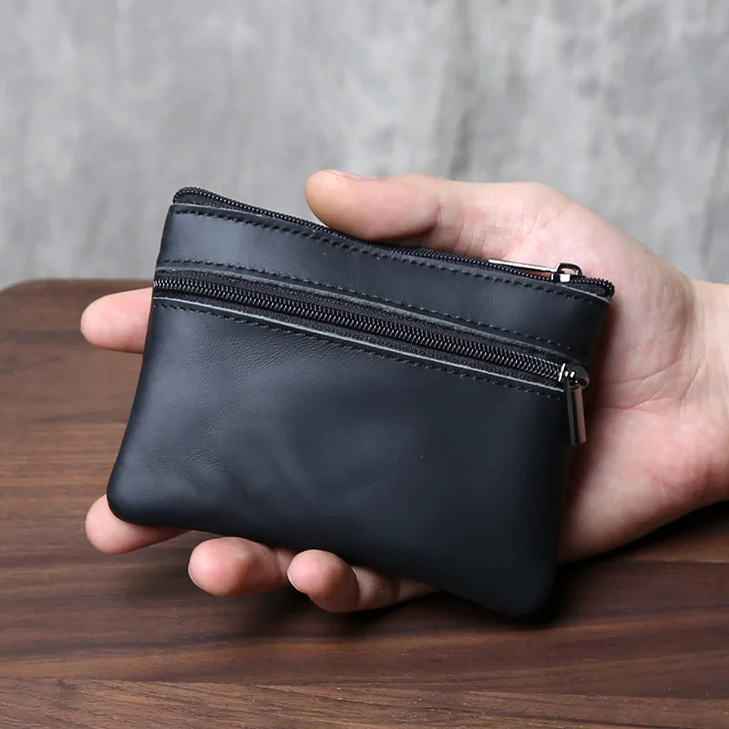 Genuine Leather Small Wallet - Handmade Cowhide Business Card Holder with Zipper - ZOOMNSTORE