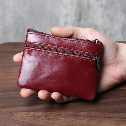 Genuine Leather Small Wallet - Handmade Cowhide Business Card Holder with Zipper - ZOOMNSTORE