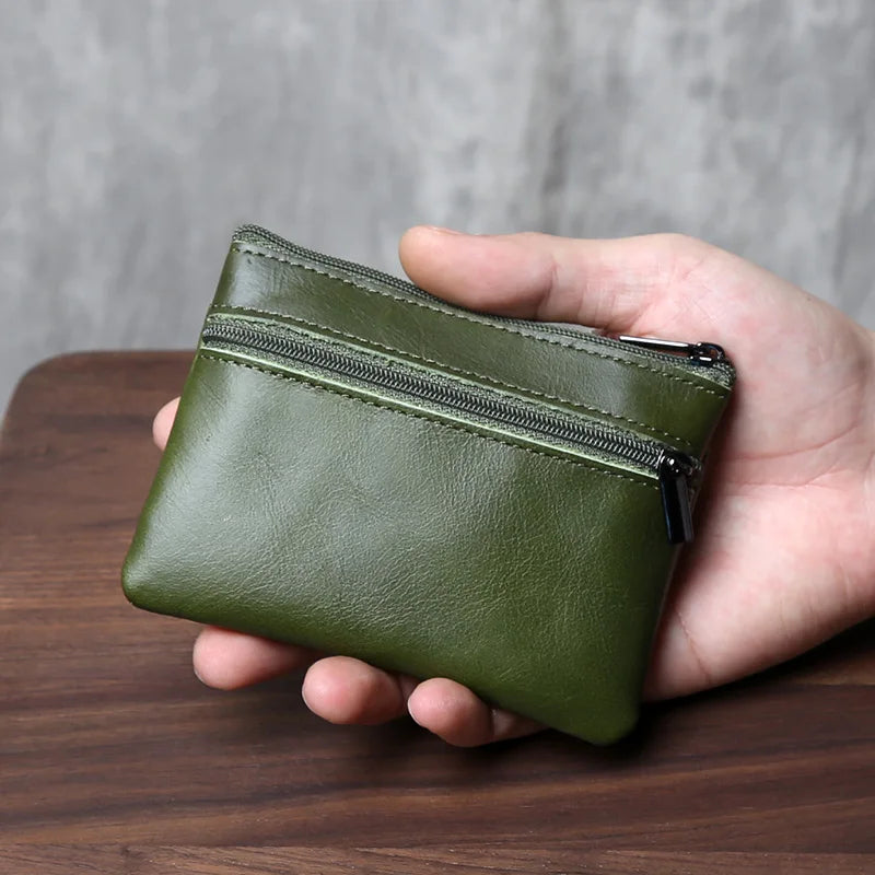 Genuine Leather Small Wallet - Handmade Cowhide Business Card Holder with Zipper - ZOOMNSTORE