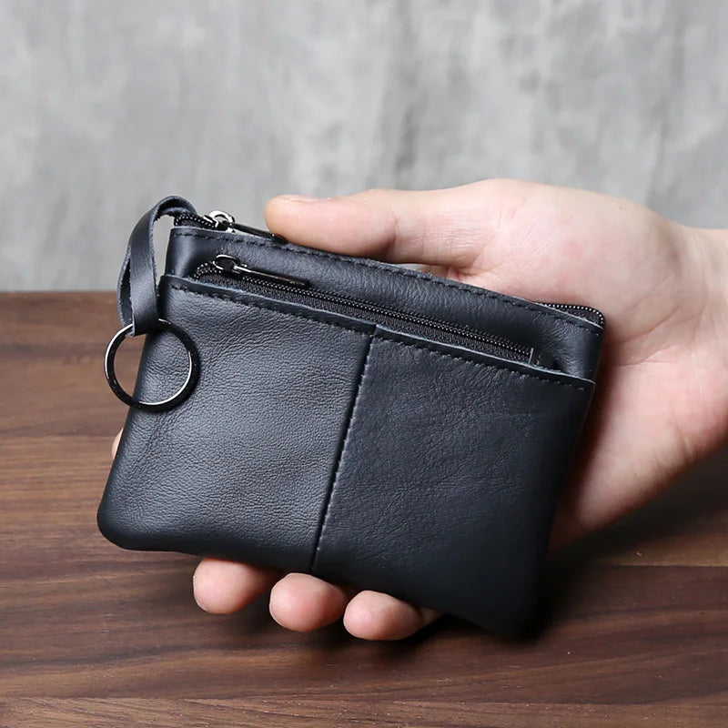 Genuine Leather Small Wallet - Handmade Cowhide Business Card Holder with Zipper - ZOOMNSTORE