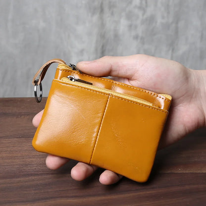 Genuine Leather Small Wallet - Handmade Cowhide Business Card Holder with Zipper - ZOOMNSTORE