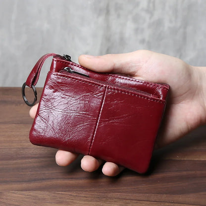 Genuine Leather Small Wallet - Handmade Cowhide Business Card Holder with Zipper - ZOOMNSTORE