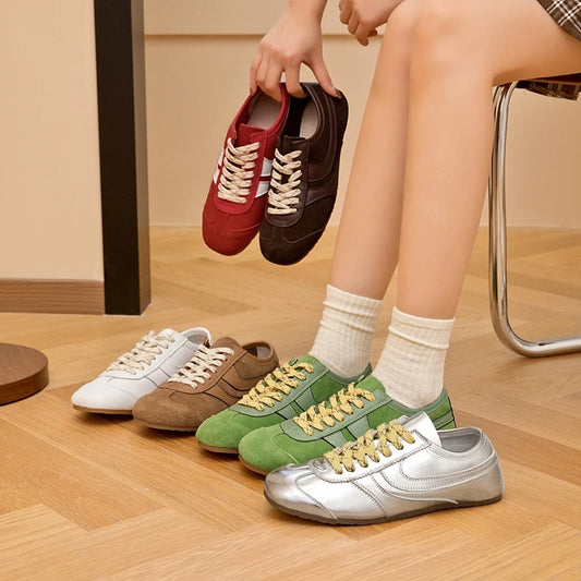 Genuine Leather Womens Sneakers - Retro Lace-up Forrest Gump Style - ZOOMNSTORE