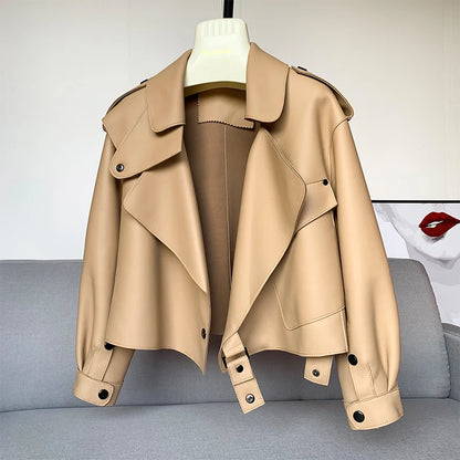 Genuine Sheepskin Leather Biker Jacket - Womens Winter Spring Coat - ZOOMNSTORE