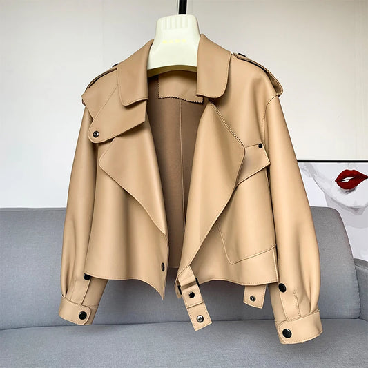 Genuine Sheepskin Leather Biker Jacket - Womens Winter Spring Coat - ZOOMNSTORE