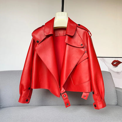 Genuine Sheepskin Leather Biker Jacket - Womens Winter Spring Coat - ZOOMNSTORE