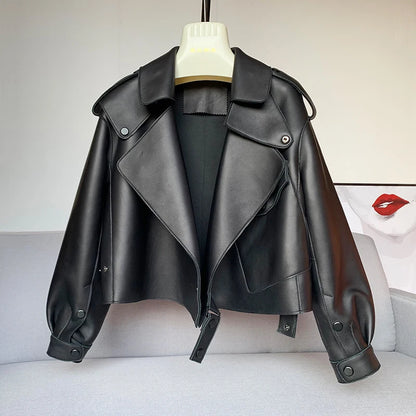 Genuine Sheepskin Leather Biker Jacket - Womens Winter Spring Coat - ZOOMNSTORE