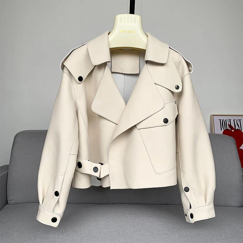 Genuine Sheepskin Leather Biker Jacket - Womens Winter Spring Coat - ZOOMNSTORE