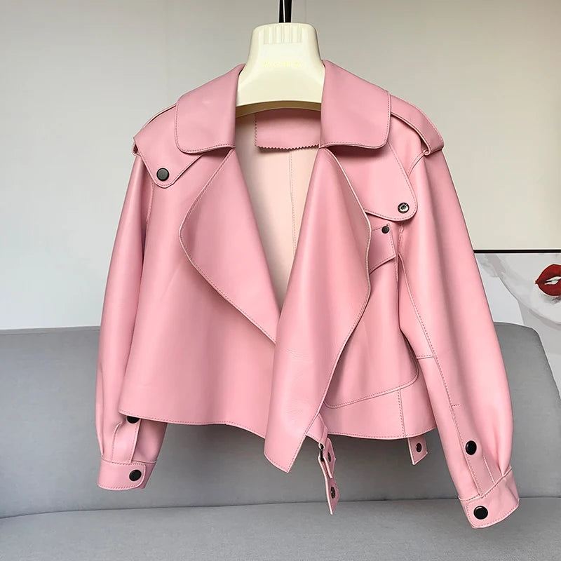 Genuine Sheepskin Leather Biker Jacket - Womens Winter Spring Coat - ZOOMNSTORE